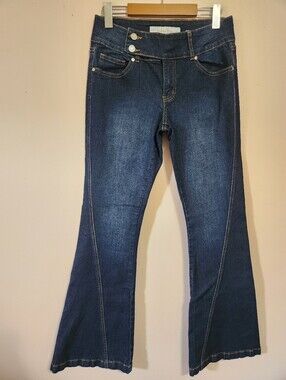 Indigo Rein Curvy Flare Jeans Double Button Front Seam Dark Wash Y2K Aesthetic